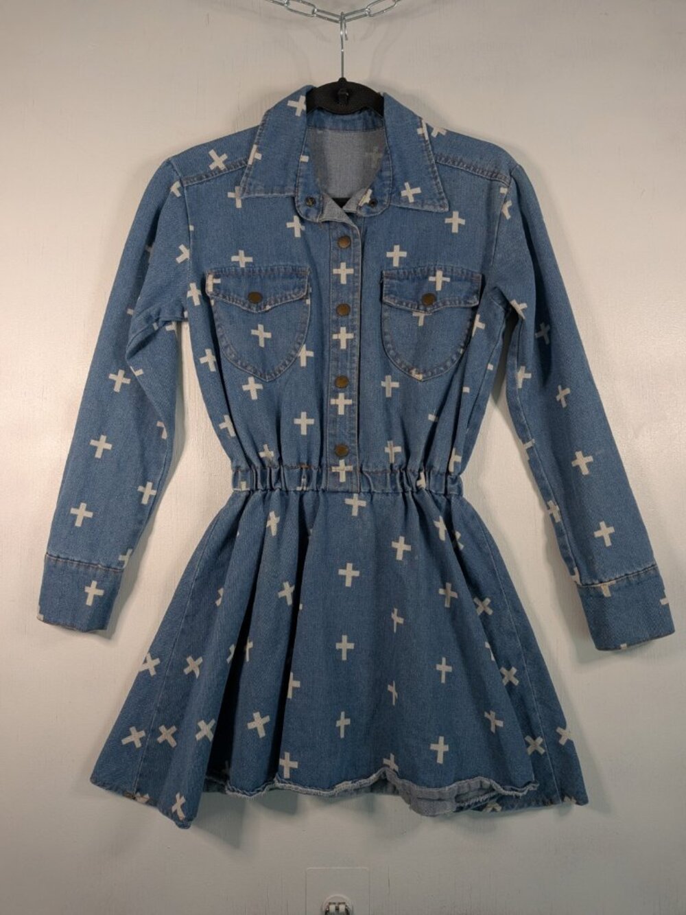 Denim Mini Dress Allover Cross Print Snap Front Fit Flare Western Gothic
